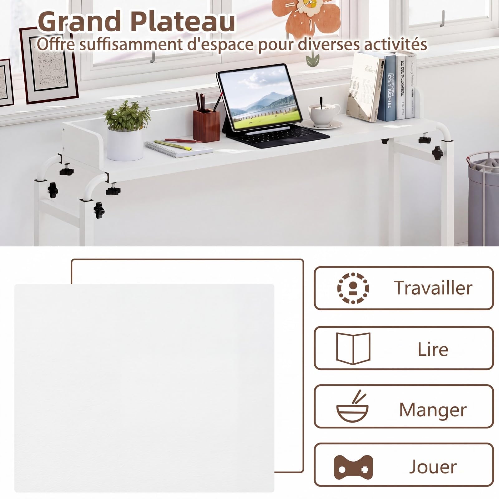 COSTWAY Table de lit Roulant, Bureau Mobile au-Dessus du Lit Hauteur(73,5 à 102 cm) et Longueur(135,5 à 206 cm) Réglable, Table d'appoint pour Ordinateur, pour Chambre, Canapé, Hôpital (Blanc)