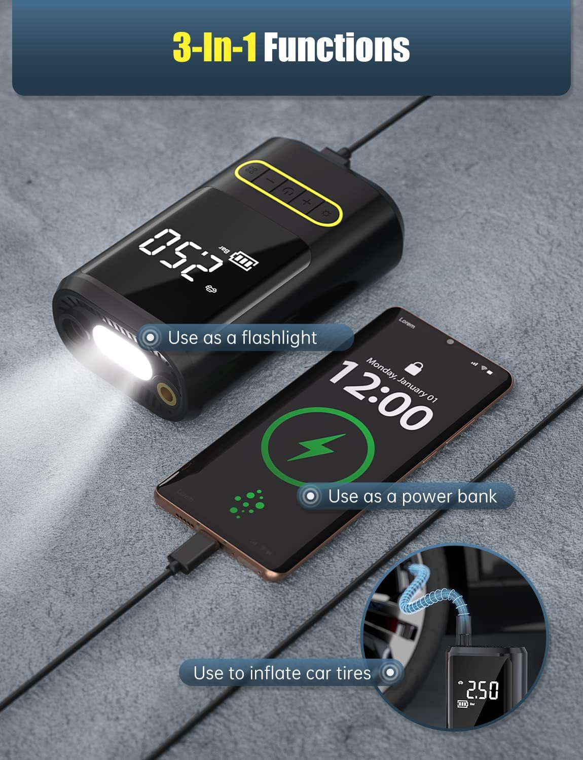 Oasser Portable Air Compressor demonstrating its 3-in-1 functions: flashlight, power bank, and tire inflation.