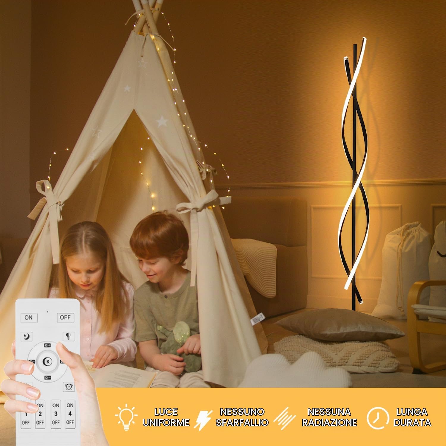Lampada Da Terra LED Dimmerabile, 52W Piantana Lampada Da Terra Salotto, Moderna Lampada Da Pavimento Con Telecomando, 155cm Spirale Lampada Soggiorno Per Lettura, Camera Da Letto, Ufficio (BLACK)