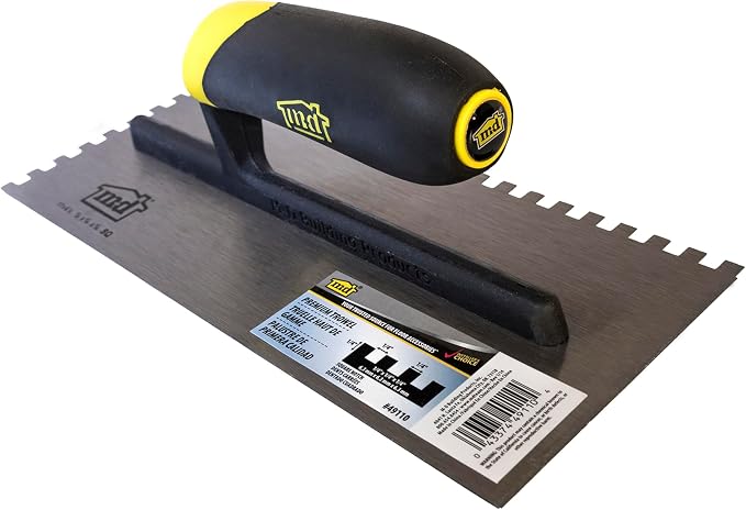 MD Building Premium Square Notch Trowel, 1/4in x 1/4in x 1/4in | Ergonomic TPR Handle, Even Adhesive Spread, For Mortar Floors Walls, Pro Or DIY Use, Minimizes Adhesive Waste