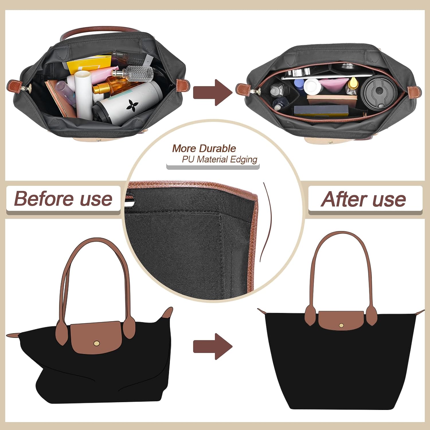 Felt Purse Organizer Insert for Longchamp Le Pliage S Bag Handbag Leather edge Longchamp Organizer Insert (Black, Small)