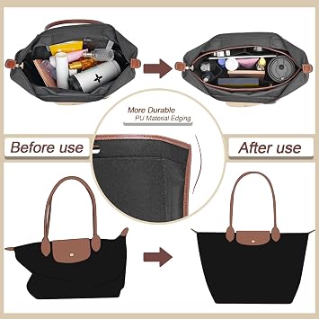 Felt Purse Organizer Insert for Longchamp Le Pliage S Bag Handbag Leather edge Longchamp Organizer Insert (Black, Small)