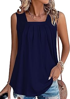 Womens Tank Tops Summer Square Neck Pleated Sleeveless Top Casual Loose Fit Basic Shirts