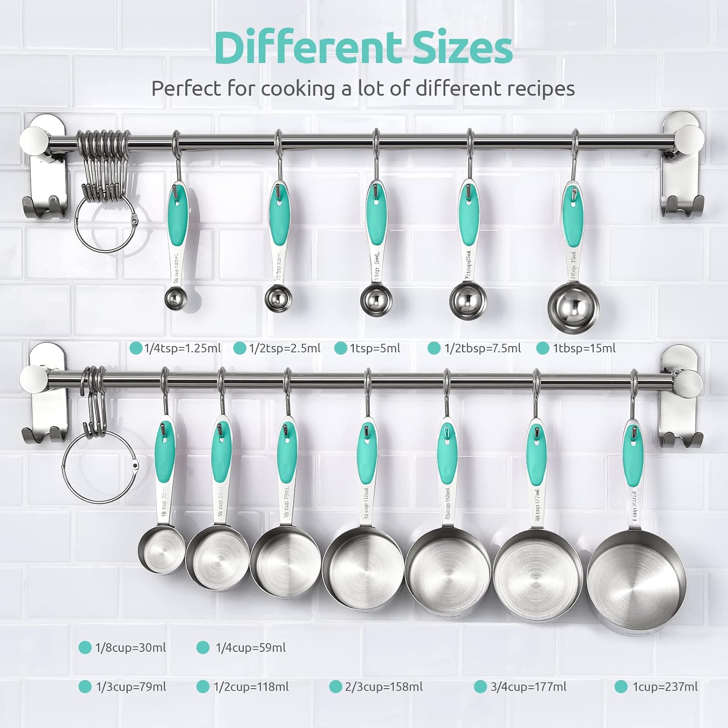 U-Taste Measuring Cups Spoons Set: 18/8 Stainless Steel 12 Pieces Stacking Kitchen Baking Cooking Food Measure Scoop Set, 7 Cups & 5 Spoons with Strengthened Weld Joints (Aqua Sky, Upgraded Version)