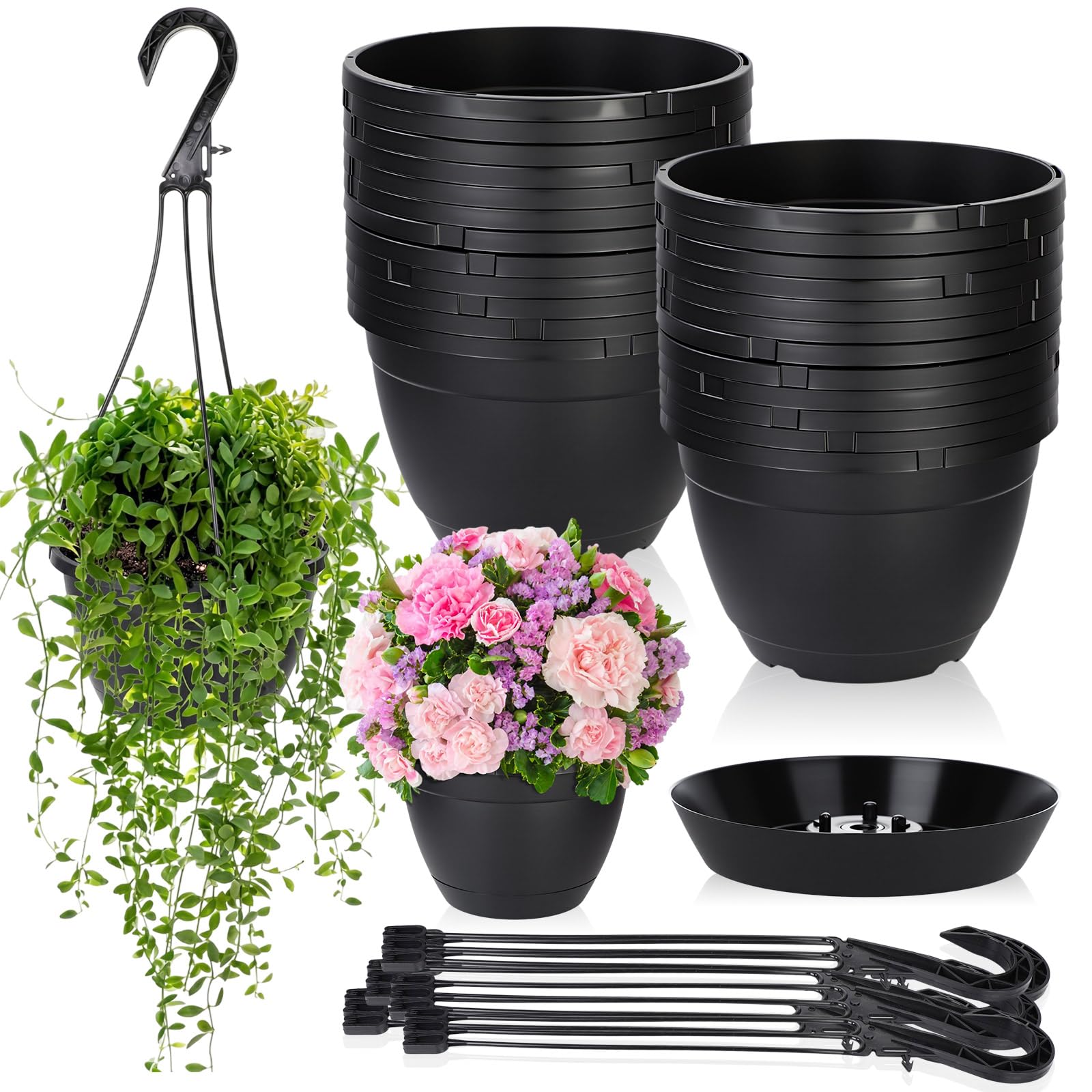 Roshtia Lot de 24 pots à suspendre en plastique de 16 cm pour plantes en vrac avec crochets - Plateau de drainage - Support de pot de fleurs pour intérieur et extérieur - Pour fleurs, jardin, balcon