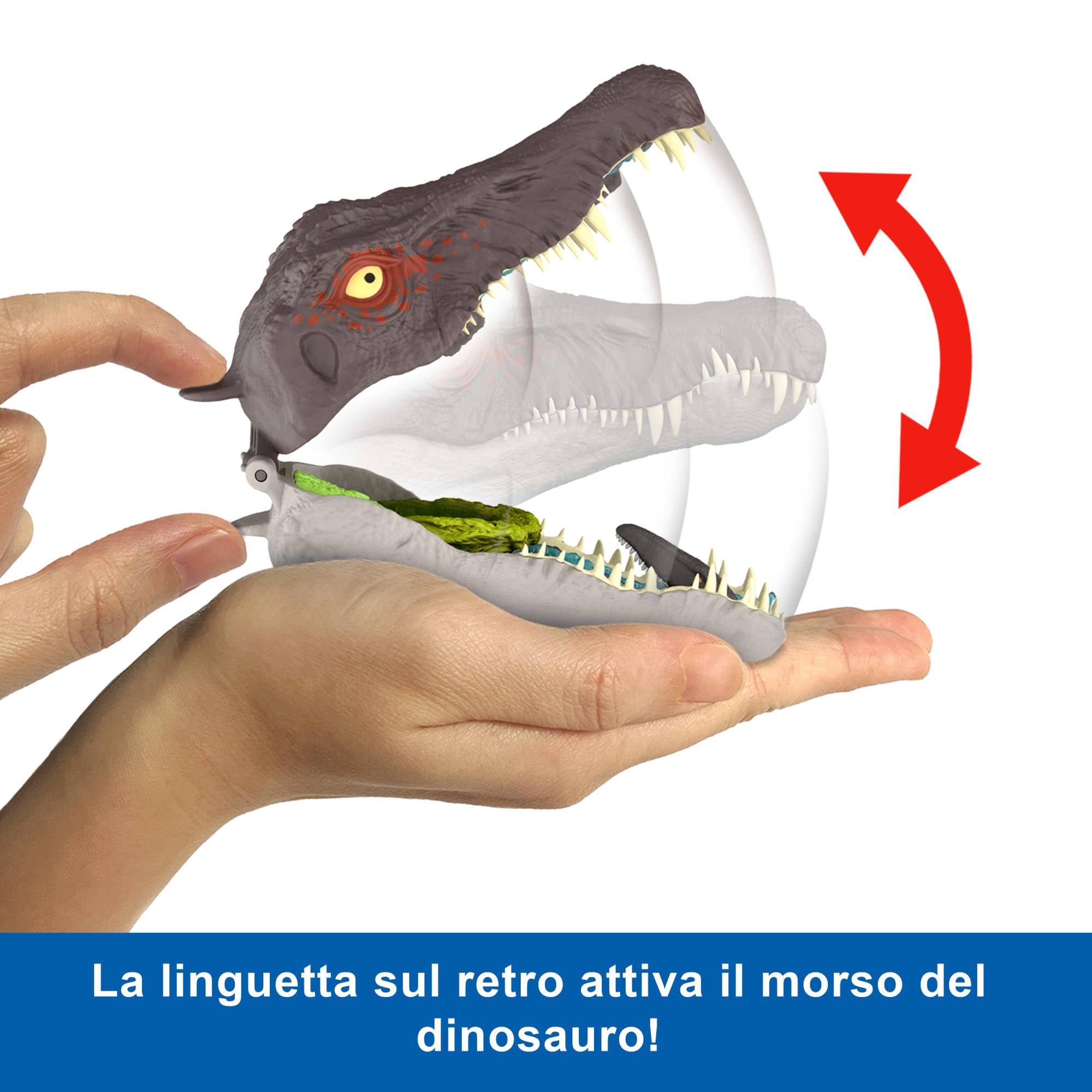 Mattel Jurassic World La Rinascita Micro Avventure, playset con testa di Spinosauro che si apre con 4 funzionalità interattive, 3 micro personaggi, dinosauro giocattolo, JGB98