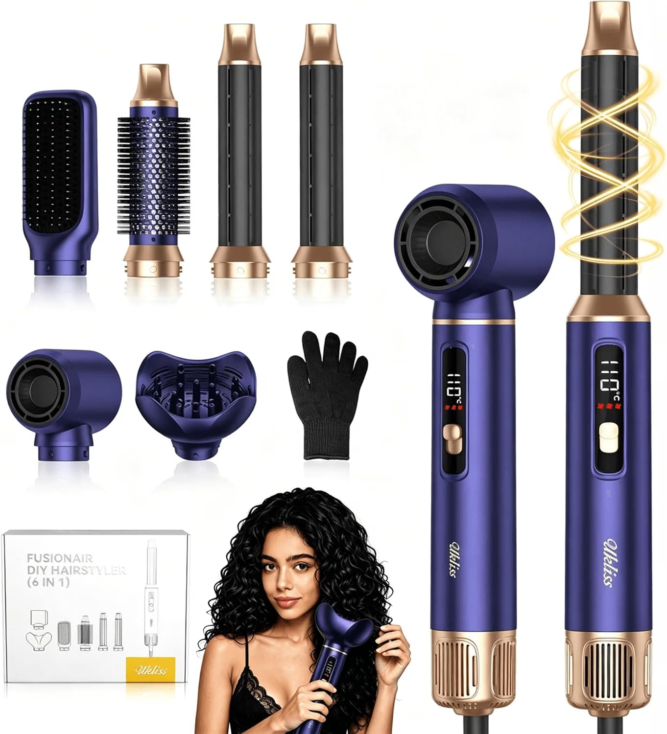 UKLISS Styler do włosów 6 w 1 suszarka LED z dyfuzorem, szczotka z ciepłym