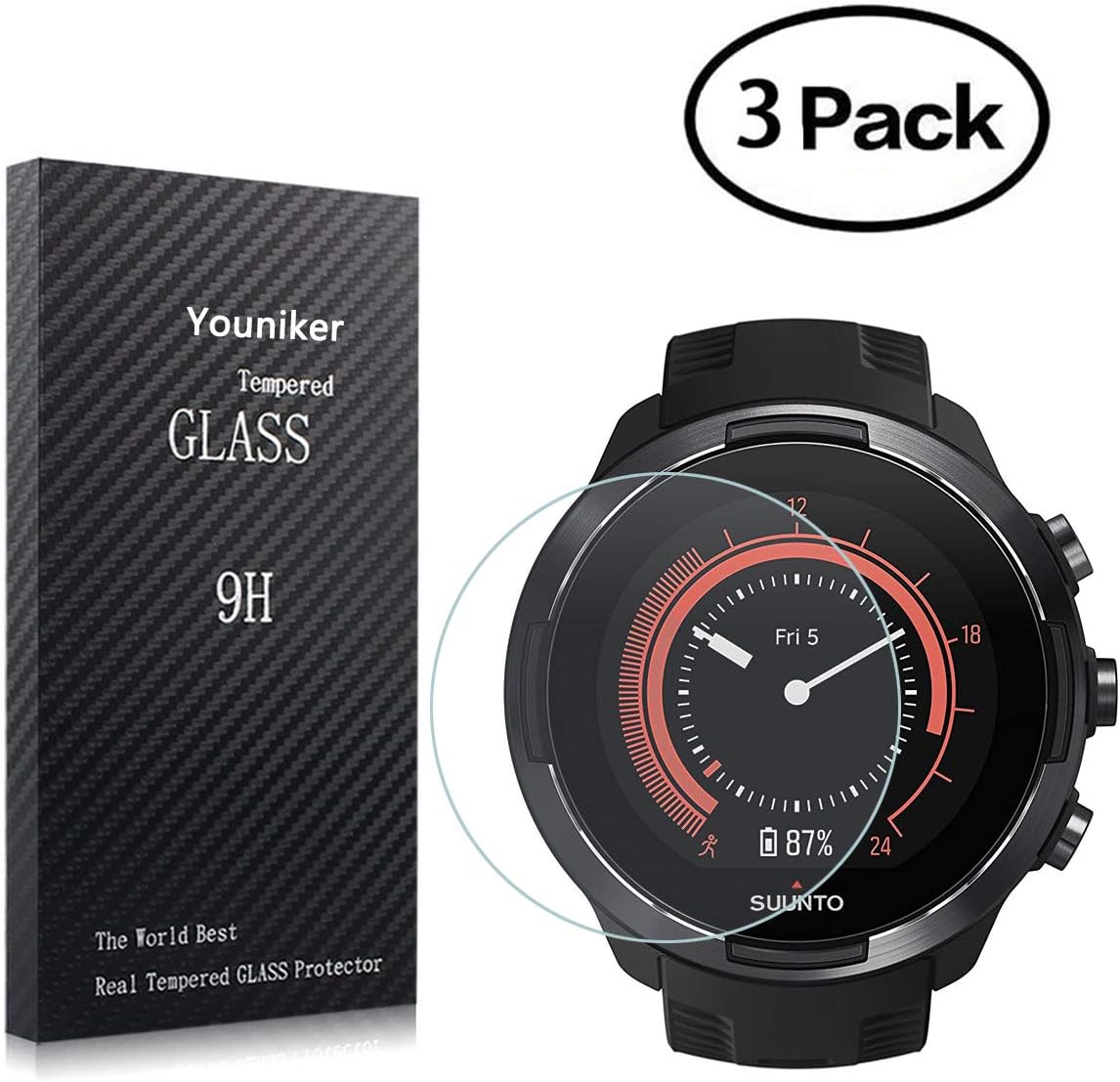 Youniker3 Pack Compatible with Suunto 9 Baro Screen Protector Tempered Glass For Suunto 9 Baro Smart Watch Screen Protectors Foils Glass 9H 0.3MM Anti-Scratch No Bubble