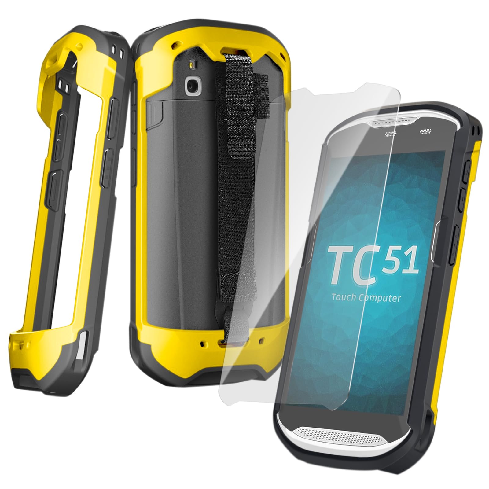 Upgraded Protective Case for Zebra TC51 TC52 TC56 TC57 TC510K Rugged Boot Case Cover for Zebra Scanner TC52x TC57x TC52ax with Hand Strap &amp; Tempered Glass (Yellow)