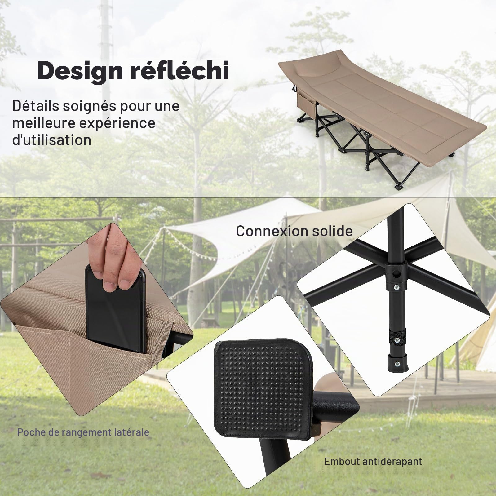 KOMFOTTEU Lit Camping Pliabe, Sac Transport, 190 x 68 x 48,5 cm, Kaki | Lit de Camp Cadre Métal, Tissu Oxford, Lit d’Extérieur pour 1 Personne XL, antidérapant, Capacité de Charge de 200 kg
