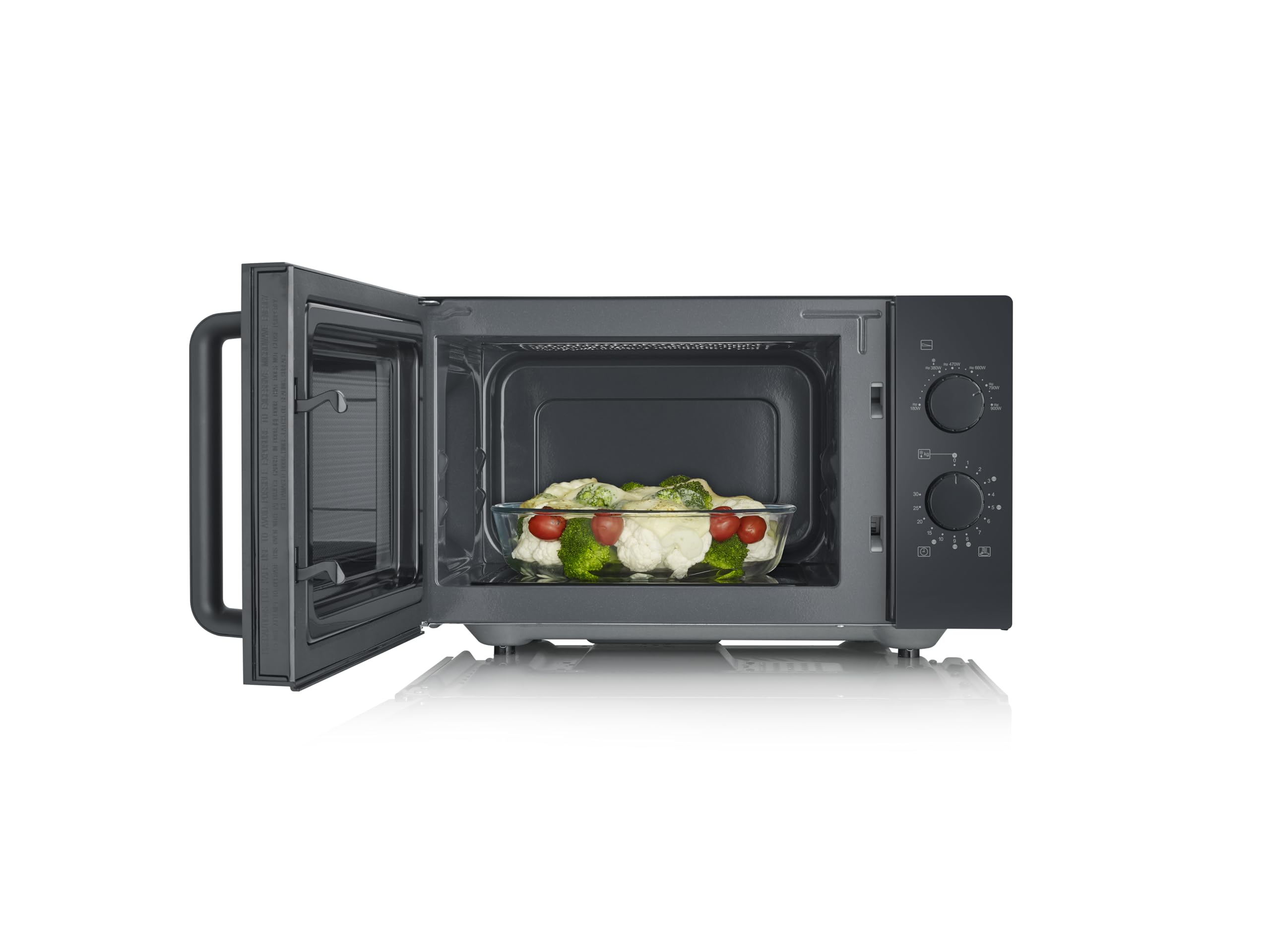Severin Severin S-Wave Mikrowelle mit flachem Glasboden, ca. 25L, 6 Automatikprogramme bis 900W, ideal für großes Geschirr & Auflaufformen, Drehregler, Timer bis 30 Minuten, schwarz/Edelstahl, MW 7782