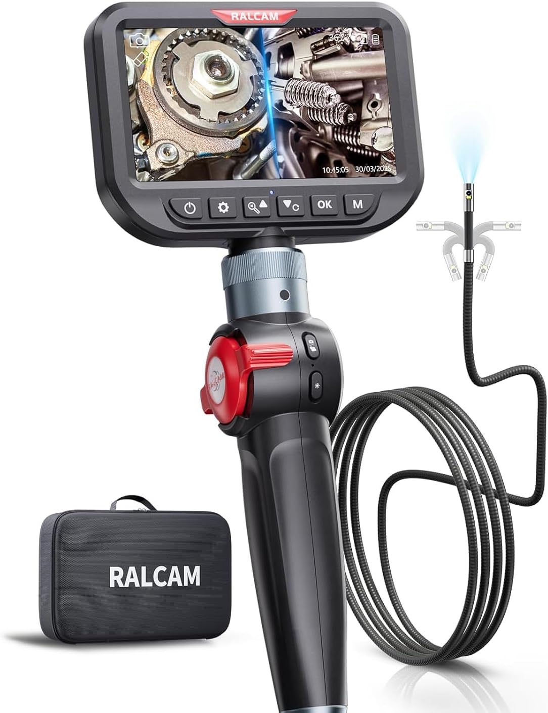 Ralcam Endoscope Camera with Light Endoscope Camera with 180  Movable Head 6.5 mm Dual Probe 5 Inch HD Display Inspection Camera IP67 Waterproof Tube Camera with 1.5 m Semi-Rigid Cable and 6+1 LEDs