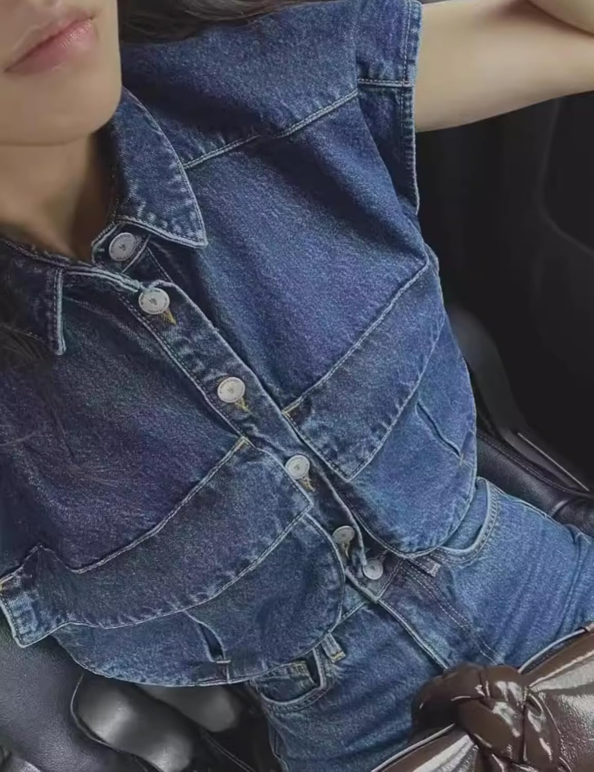 Womens Denim Cropped Button Down Shirt Collared Sleeveless Summer Loose Jean Crop Top with Pockets - Image 7