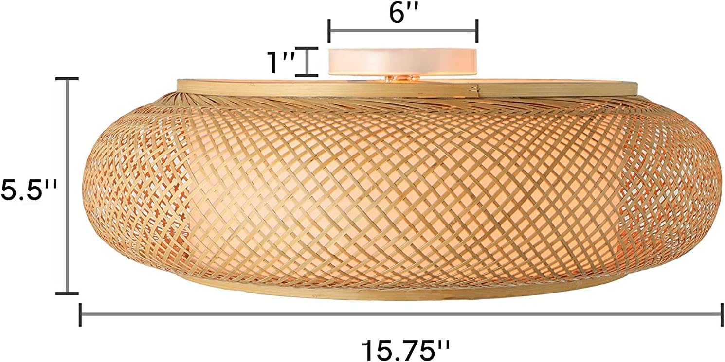 KWOKING Lighting Industrial Handmade Flush Mount Ceiling Light Loft Bamboo Ceiling Light fixtures Rattan Lantern Light 3 Lights Vintage Hanging Light 15.75 inches