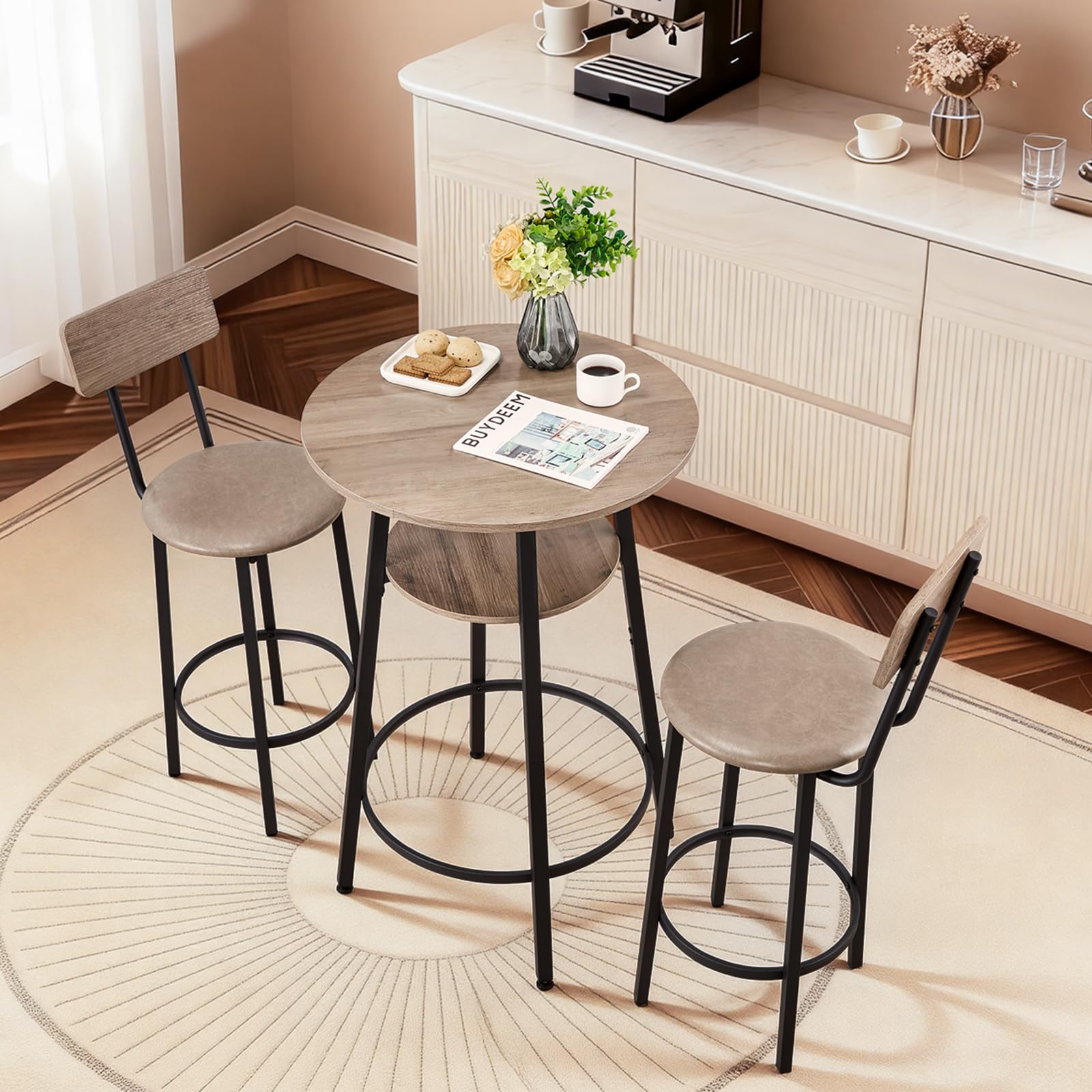 VEVOR Ensemble Table de Bar avec Tabourets 3PCs, Table Haute de 60 cm avec Deux Chaises aux Angles Arrondis, pour Salle à Manger Bureau Coin Repas Bistro, Mange-Debout Ronde, Gris Clair et Noir