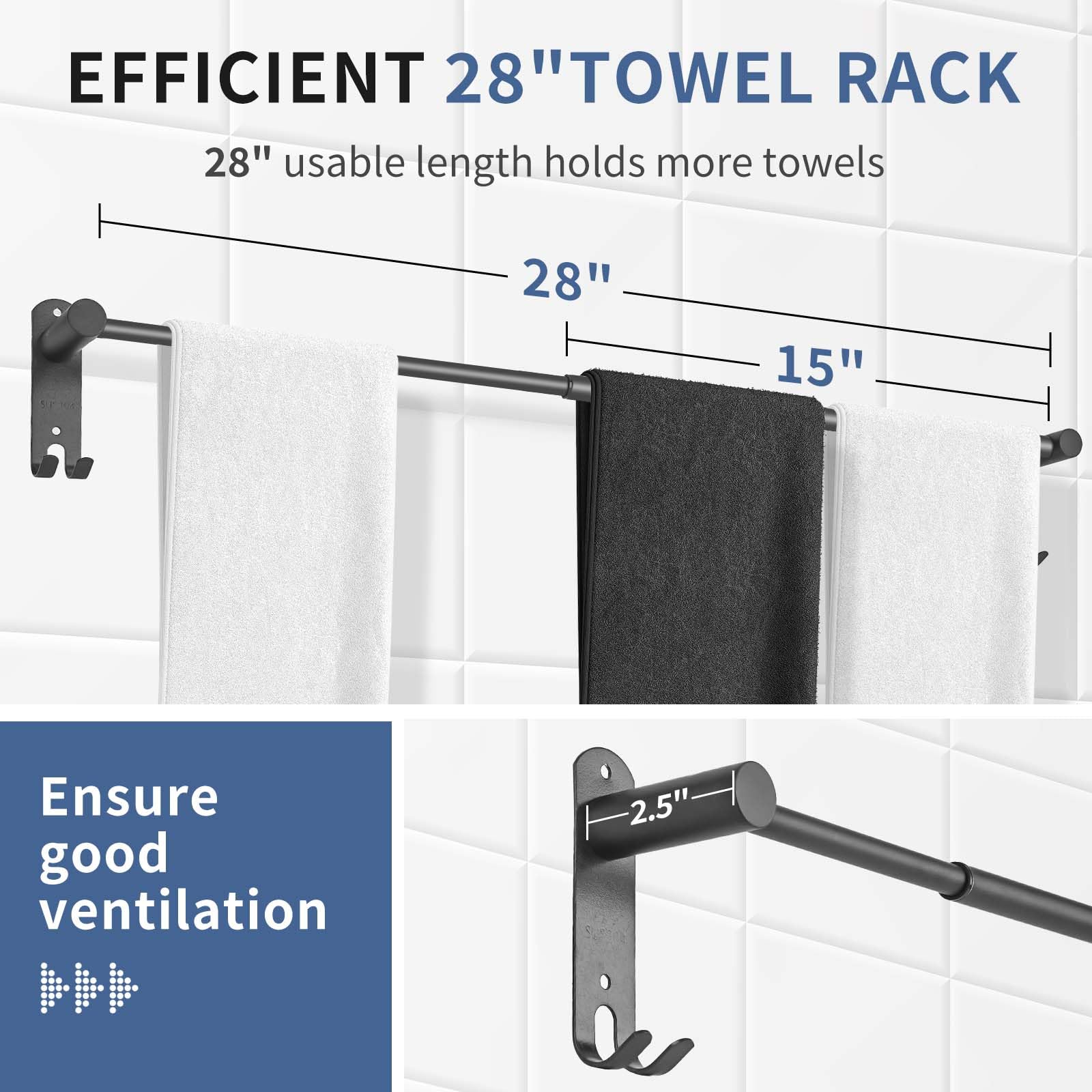 KAHCNVN Adjustable Black Towel Bar - 15 To 28 Inches, Stainless Steel Bathroom Towel Rack