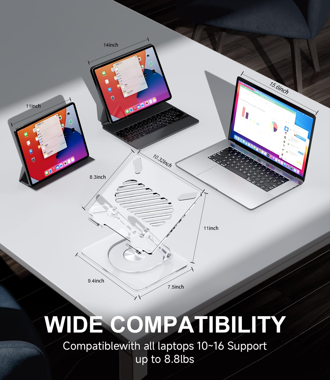 MCHOSE Acryl Laptop Ständer für Schreibtisch mit 360 Grad drehbarer Basis Ergonimic Faltbar Klar Laptop Riser Kompatibel mit MacBook Pro/Air Notebook bis zu 16 Zoll, Ultra Dickes Acryl Transparent