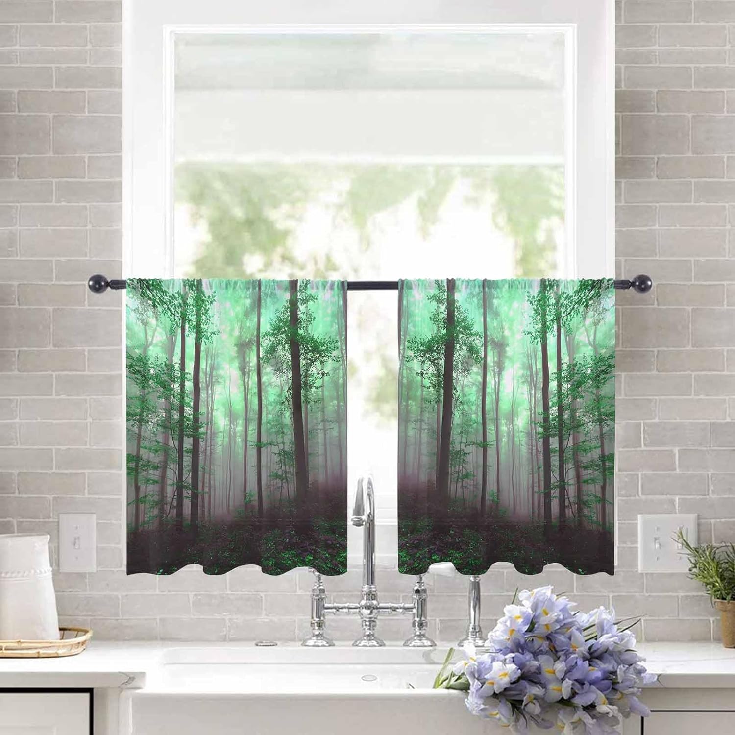 Forest Spring Season Mystic Foggy Enchanted Woods Trees Sheer Curtains 45 Inch Length 2 Panels Set, Green Semi Transparent Voile Rod Pocket Curtains for Living Dining Room Bedroom Drapes