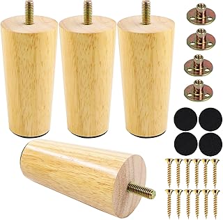 4 Inches Round Solid Wood Furniture Legs Set of 4, Natural Wooden Replacement Feet with Threaded 5/16'' Hanger Bolts for Sofa, Couch, Armchair, Cabinet, TV Stand, Ottoman and Dresser
