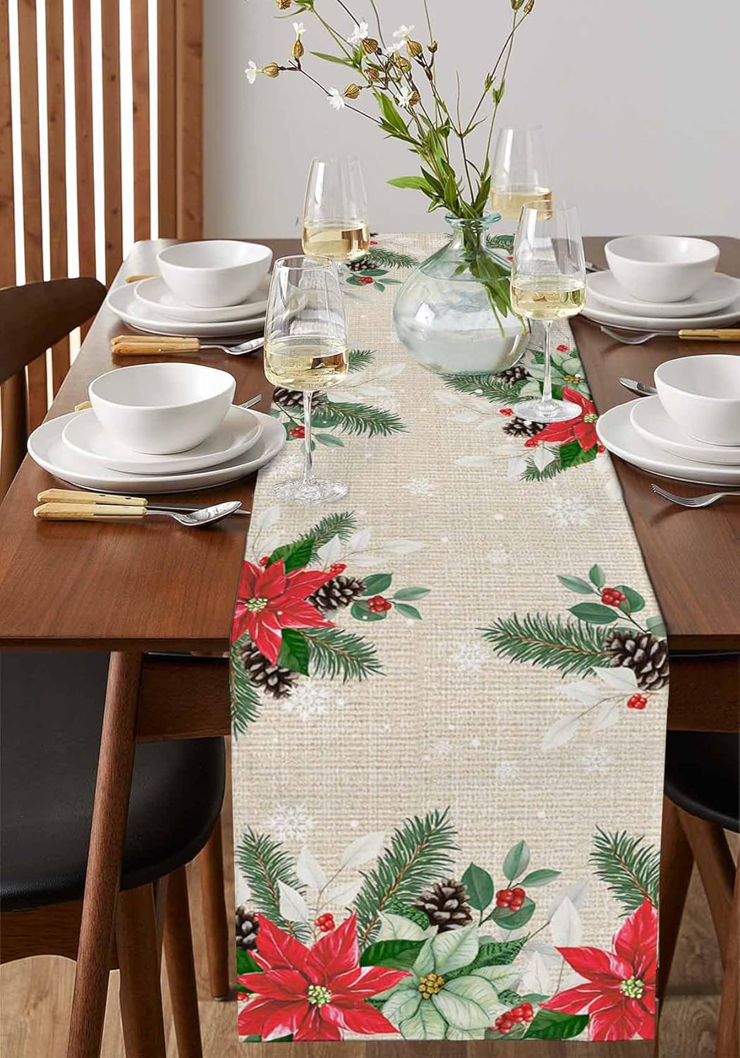 Christmas Table Runner 120 Inches Long Farmhouse Dress Scarves, Xmas Eucalyptus Leaves Poinsettia Pine Cones Burlap Dining Tablerunner for Coffee Table/Kitchen Island/Party Décor, 13" x 120"