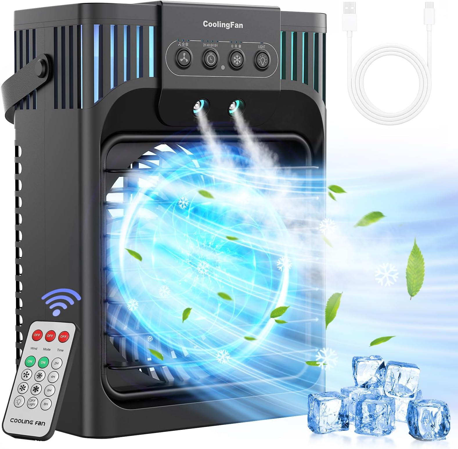FethFire Portable Air Conditioner Cooling Fan with Remote, 1200Ml Mini Air Conditioning Unit,Quiet 3 Wind Speeds & Cool Mist, 2-8H Timer & 7 LED Light, Personal Air Cooler Fan for Room,Home,Office