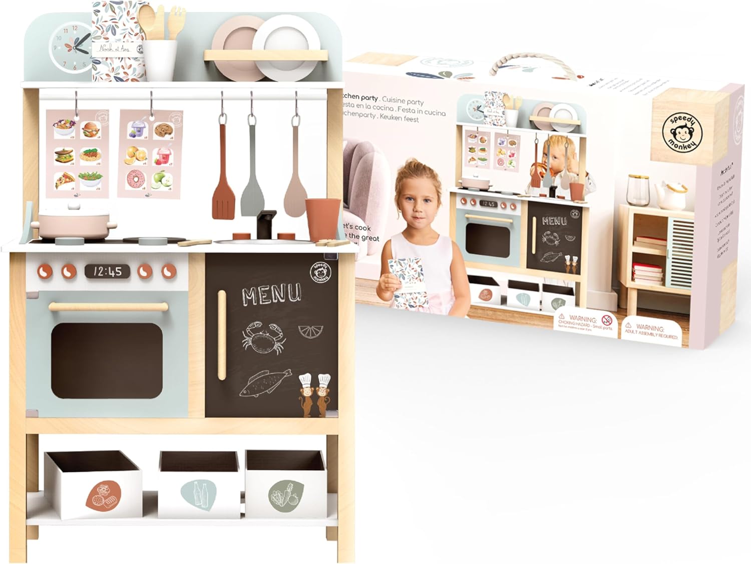 SPEEDY MONKEY Wooden Play Kitchen Set for Kids – 20-Piece Pretend Play Cooking Set, FSC® Certified Wooden Food & Cookware Accessories, Role Play Toy for Toddlers & Little Chefs