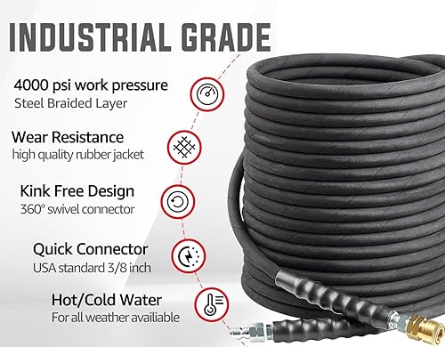Miniatura 2 de YAMATIC Manguera de lavado a presión de 38 pulgadas, 50 pies, giratoria sin torceduras, manguera de goma de conexión rápida, manguera de lavado de