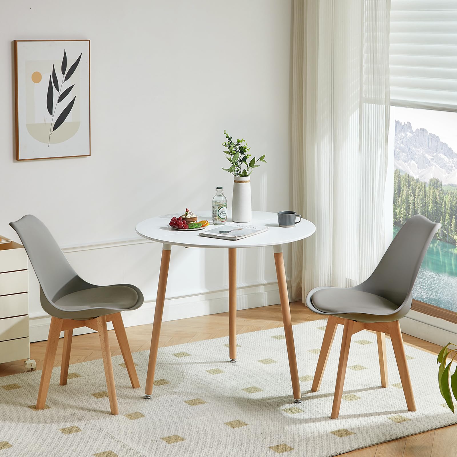 Runder Esstisch mit 2 Stühlen Essgruppen, 2er Set Esszimmerstühle mit küchentisch Esszimmergruppe, Tischgruppe Sitzgruppe für Balkon, Küche, Wohnzimmer(Weiß Tisch + 2 Grau Stuhl) | Essgruppen Runder Tisch 80 cm, Skandinavisches Design, Massivholzbeine, fü