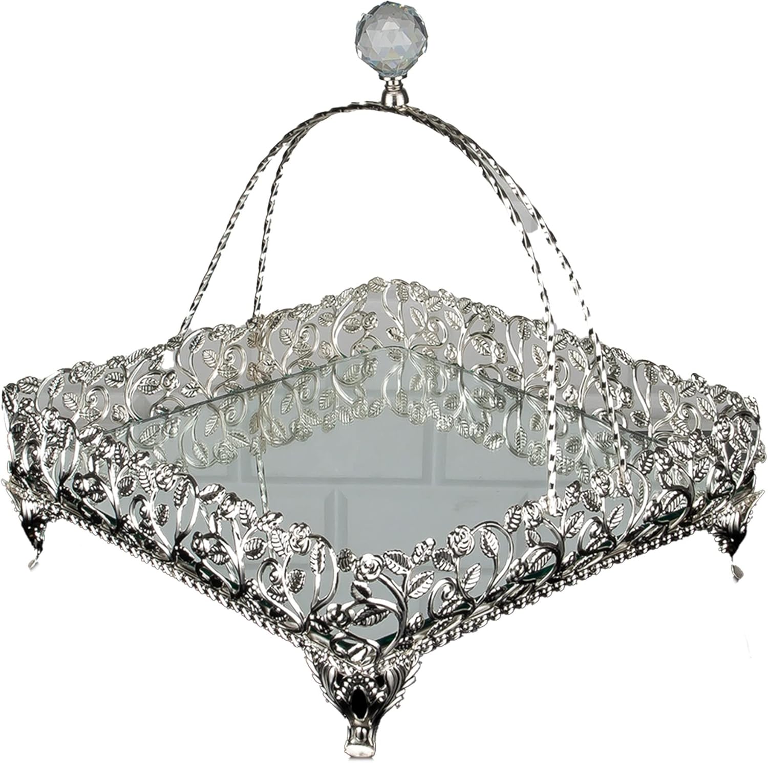 Metal Handmade Filigree Mirrored Basket for Gift, Fancy Perfume Trays for Dresser, Square Mirror Bathroom Vanity Tray (Small, Gold)