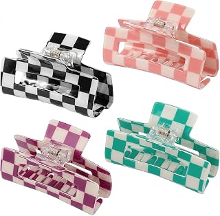 4 Pcs Checker Hair Claw Clips, Multicolored Plaid Vintage Rectangle Jaw Clips for Thin Thick Hair, Cute Non Slip Hair Clips pack for women girls Ladies