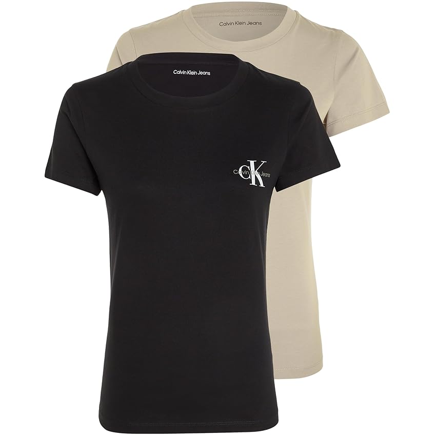 Immagine del prodotto Calvin Klein Jeans T-shirt Donna Maniche Corte Confezione da 2 Monologo Slim Scollo Rotondo, Multicolore (Plaza Taupe / Ck Black), S