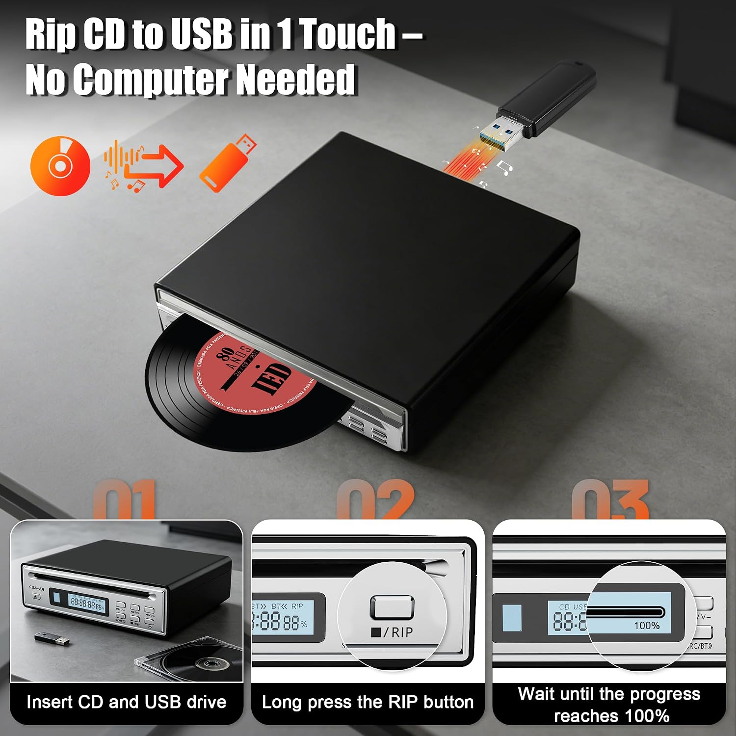 CD Ripper, Rip CD to USB Converter, USB Ripping, Lossless WAV Recording, Bluetooth CD Player for Car, Anti-Skip Personal Hi-Fi CD Player for Home, Senior/Elderly, with Optical, AUX outputs
