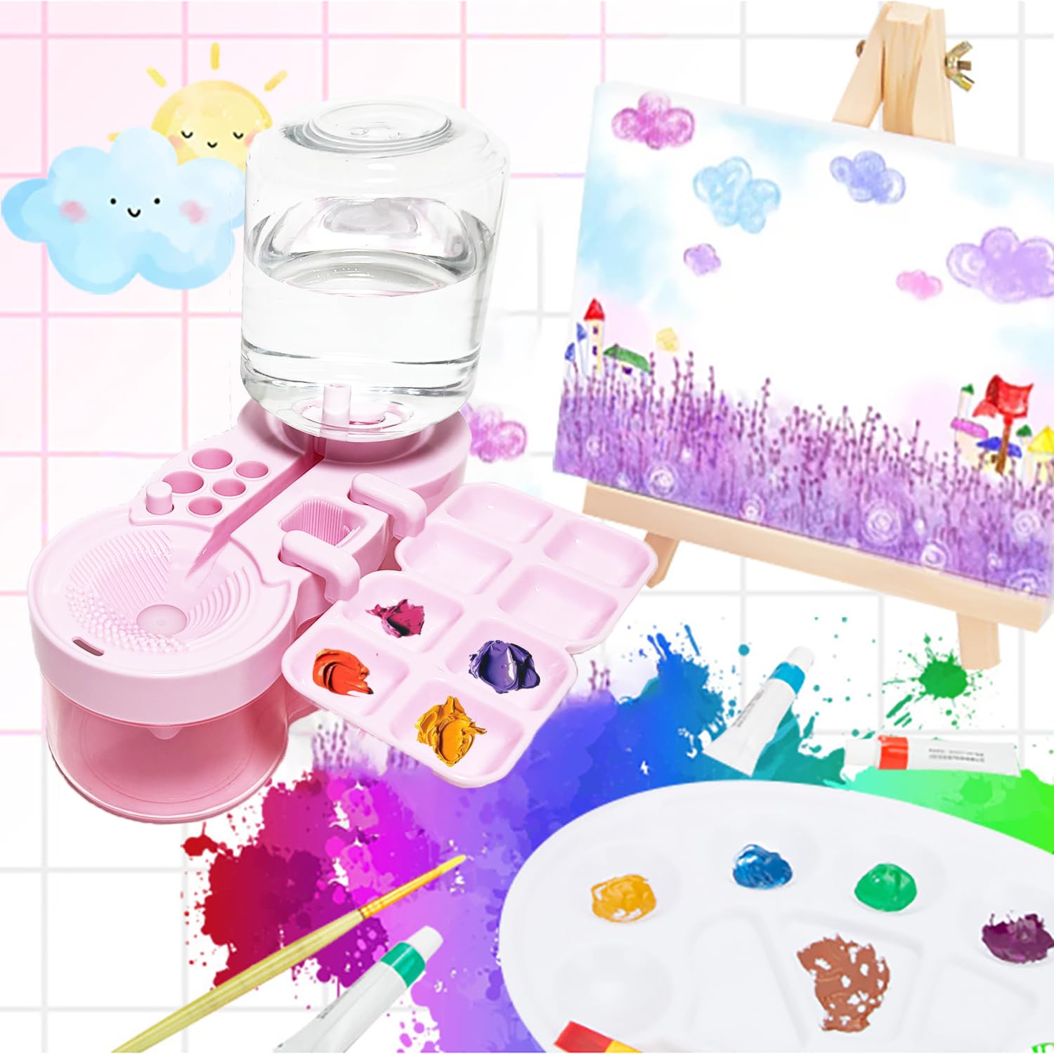 2025 New Paint Brush Cleaner with Paint Tray, Water Circulation Brush Rinser with Brush Holder, Watercolor/Oil and Water-Based Paint Brush Cleaner Tool, Gift for Artist Beginners