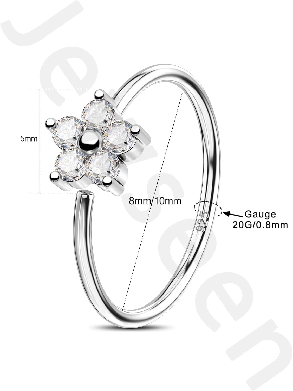 Jewseen 925 Sterling Silver Nose Rings Hoops 20g 14K White Gold Plated Nose Ring for Women Flower Nose Piercing Jewelry Sterling Silver Notril Hoop - Image 6