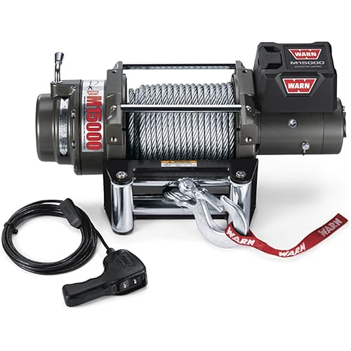WARN 47801 M15000 Series Electric 12V Heavyweight Winch with Steel Cable Wire Rope: 7/16" Diameter x 90' Length, 7.5 Ton (15,000 lb) Pulling Capacity