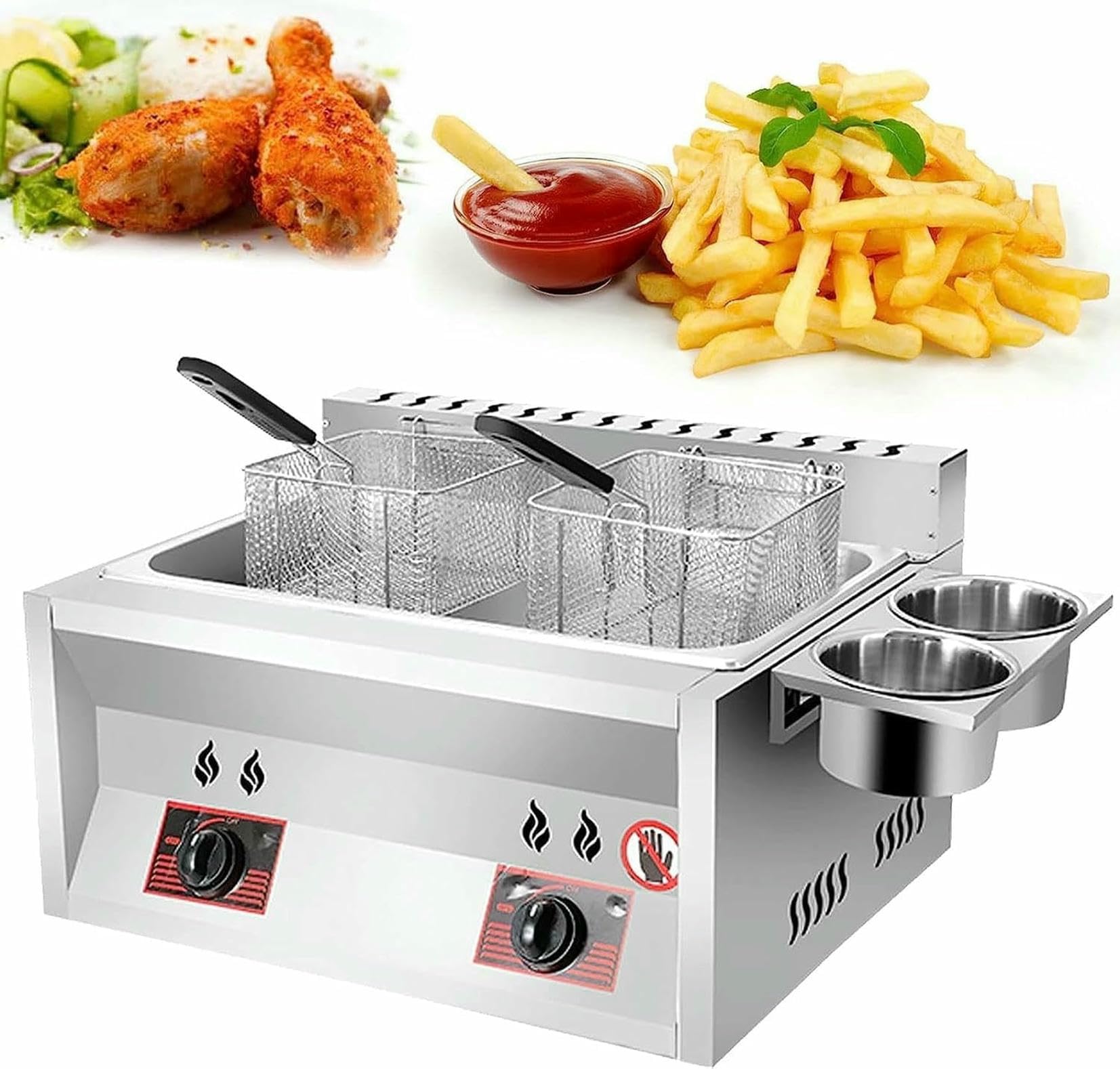Friteuse commerciale au gaz avec panier de cuisson rapide et bac à assaisonnement de comptoir