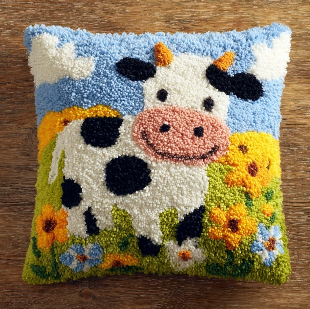 AxiangziK Latch Hook Pillow Kits 17x17in,Cows and Flowers