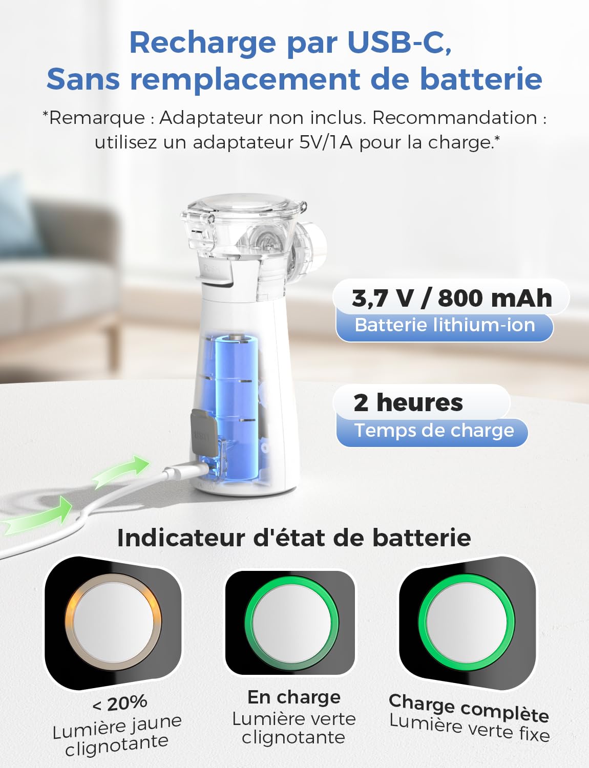 YOHOOLYO Nebulisateur Inhalateur Vapeur Portable Rechargeable pour Adultes et Enfants, Inhalateur Respiratoire Electrique avec 2 Masques et Embout Buccal, pour Usage Domestique et en Voyage