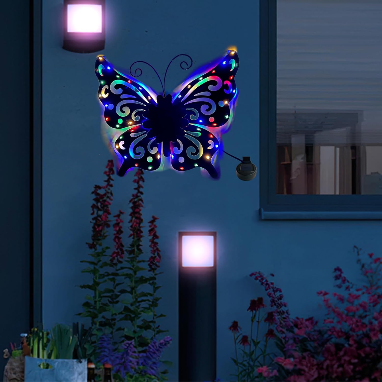 J-Fly Solar LED Light Butterfly Hanging Outside Decorations for Yard, Outdoor Patio Garden Fence Butterflies Metal Art Wall Decor, Outdoor Metal Wall Art Garden Valentine Decoration Gifts