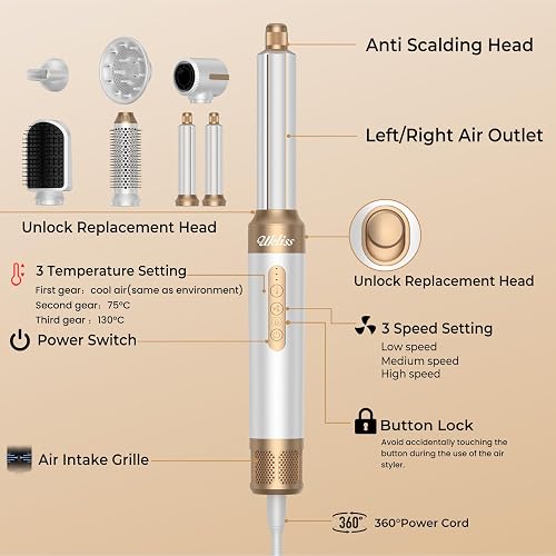 UKLISS Seche Cheveux Professionnel 7 en 1, Brosse Soufflante Brushing Set avec Auto-Wrap Boucleur a Cheveux, Hair Dryer, Brosse Soufflante Lissante, Airstyler pour Sécher, Boucler, Lisser - Blanc - 8