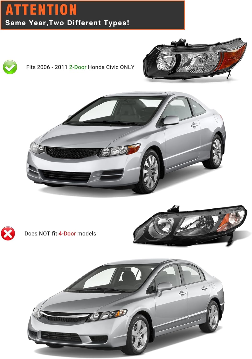 Compatible with 2006 2007 2008 2009 2010 2011 Civic Headlight Assembly for 06-11 Honda Civic 2-Door Coupe Clear Lens Black Housing with Amber Reflector Headlamp Replacement Pair