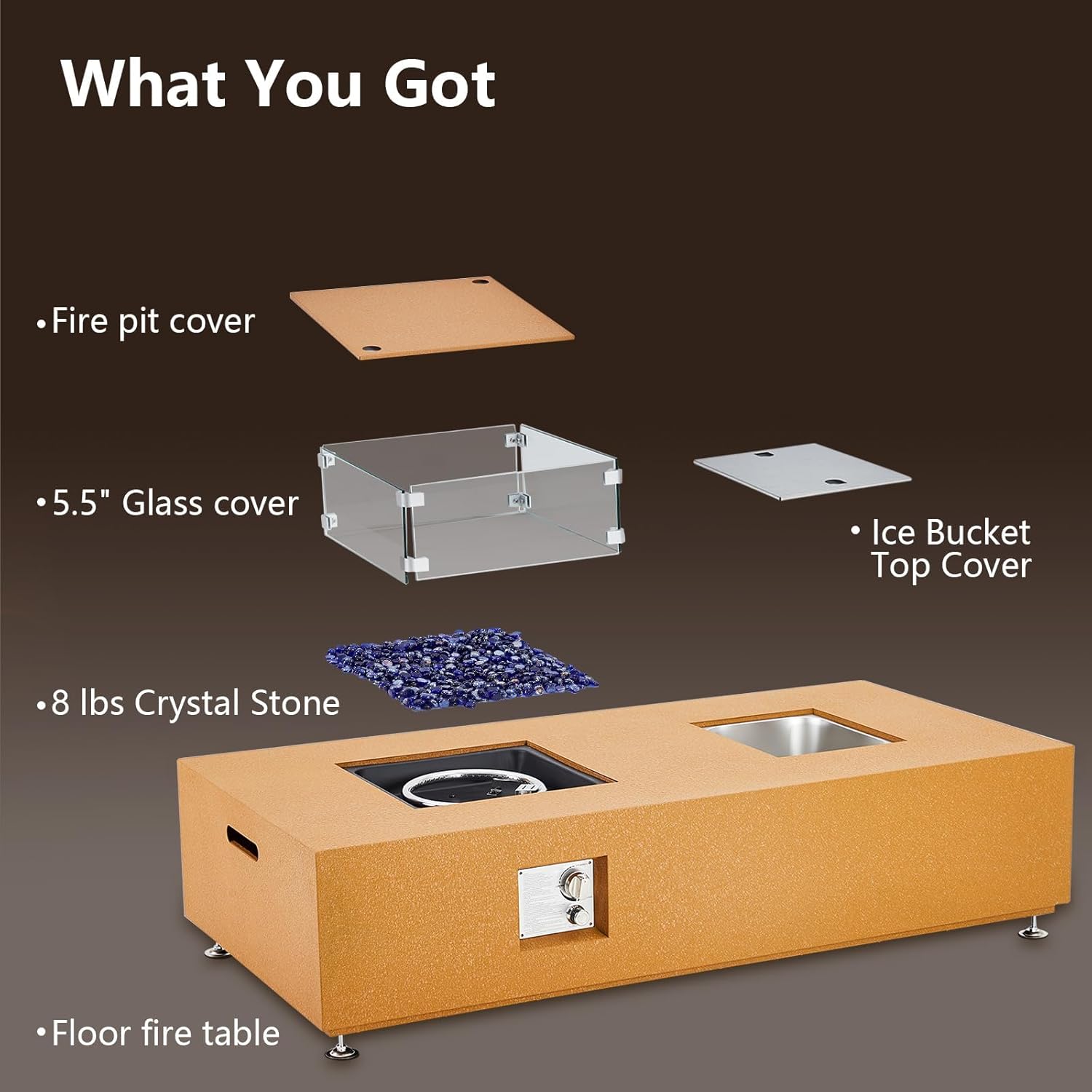 56 Inch Outdoor Propane Gas Fire Pit Table，50000BTU Rectangle Fire Table with 13" Square Drink Ice Bucket Wind Guard & Fire Glass Beads for Outside Patio Yard Garden, Yellow