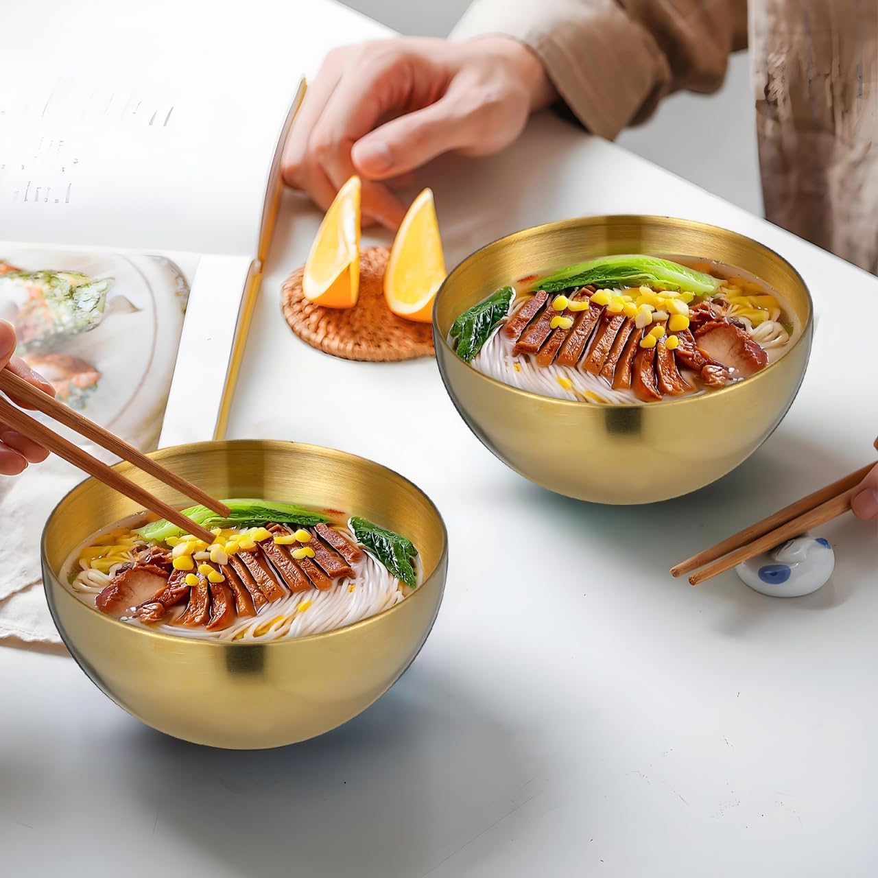 Luxshiny 2pcs Stainless Steel Small Soup Bowls Mini Dinner Serving Salad Bowls Korean Single Layer Metal for Salad Fruit Snack Dessert Noodle (Golden, 4.8 Inch)