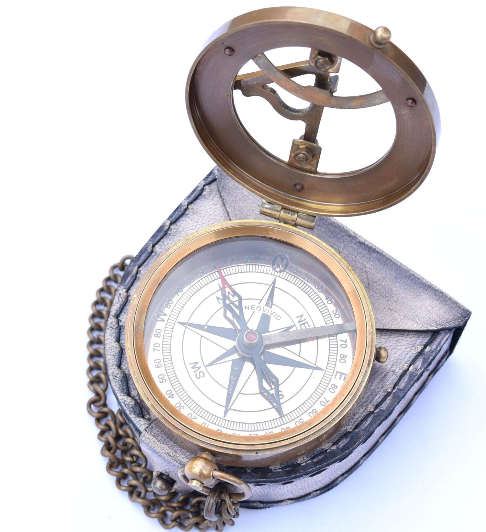 Messing-Sonnenuhr-Kompass mit Kette und Lederetui - Marine Nautical - Sonnenuhr - Steampunk Zubehör