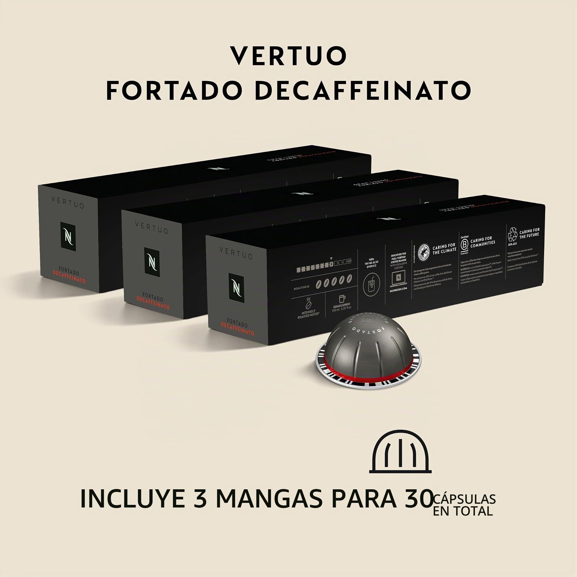 Nespresso Vertuo, Fortado Decaffeinato, Gran Lungo, 30 cápsulas de café | Paquete de 1 cápsula
