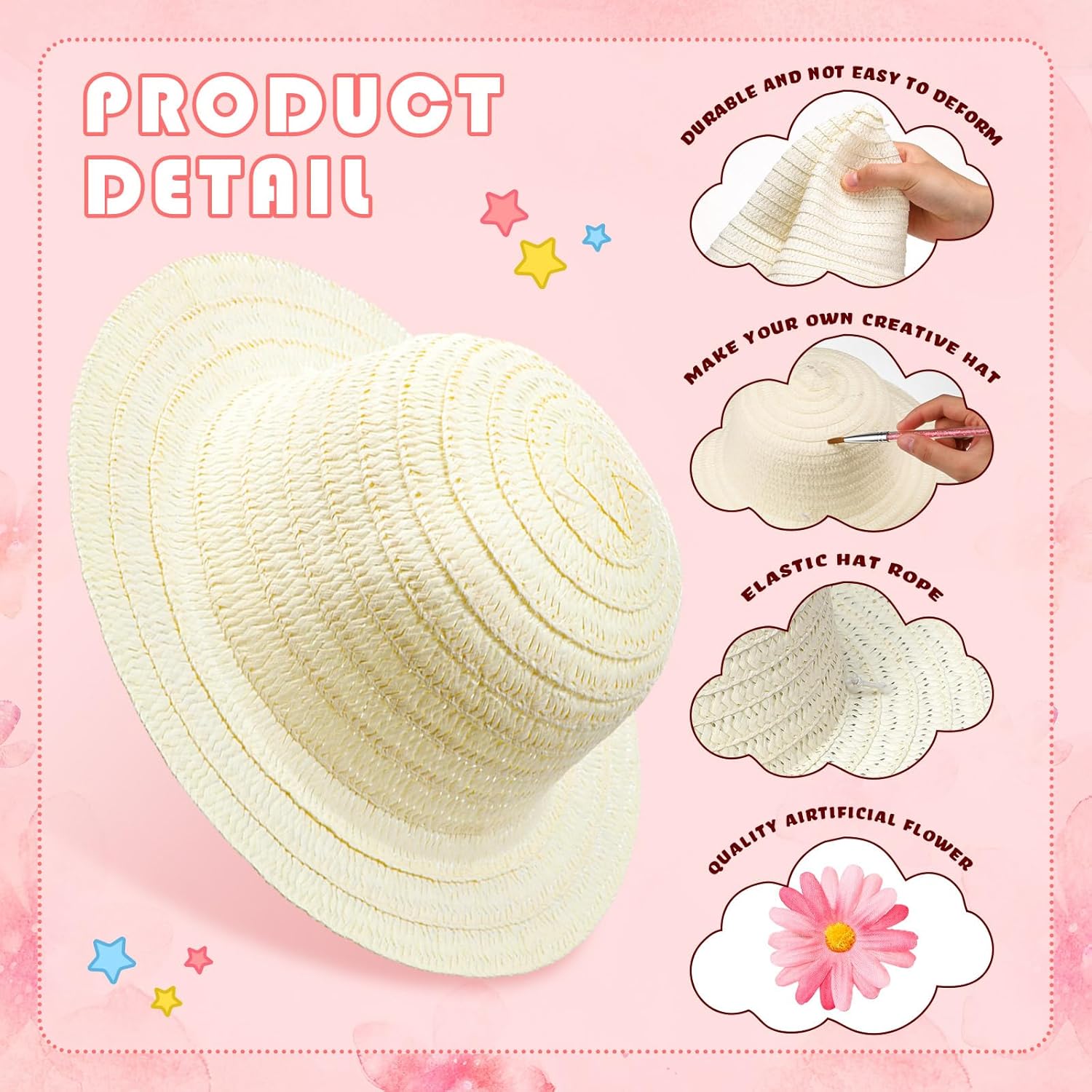 Mepase 70 Pcs DIY Cowboy Kids Hat Set with Flowers - 10 Straw Hats, 60 Artificial Flowers for Tea Party and Dress Up