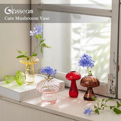 Miniatura 9 de Glasseam Jarrón de hongos para flores, bonito juego de 5, jarrones pequeños únicos para decoración, jarrones de vidrio transparente hechos a mano
