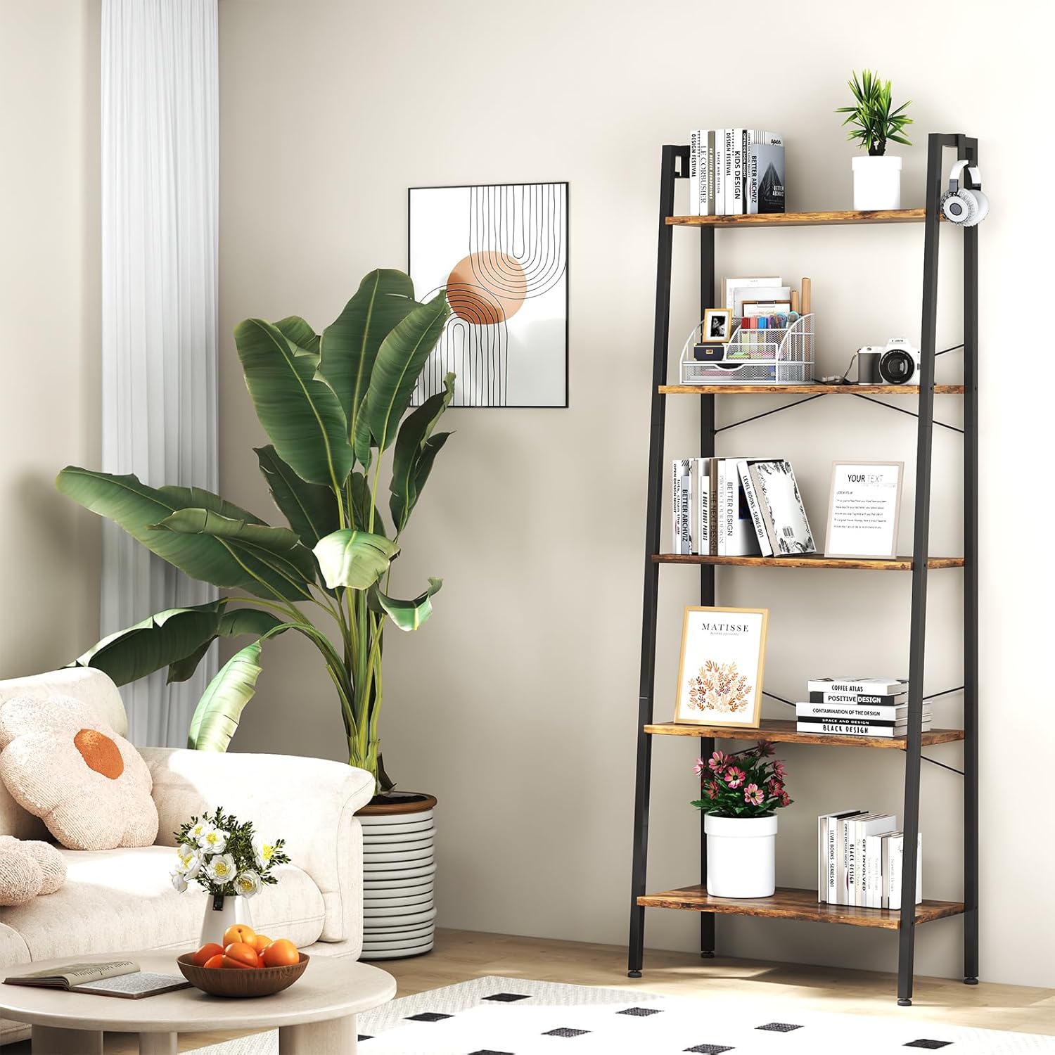 5 Tier Bookshelf,Ladder Shelf, Bookcase with Shelves and 2 Hooks, Storage Rack Organizer, Corner Wood Storage Shelf with Metal Frame (Rustic Brown)