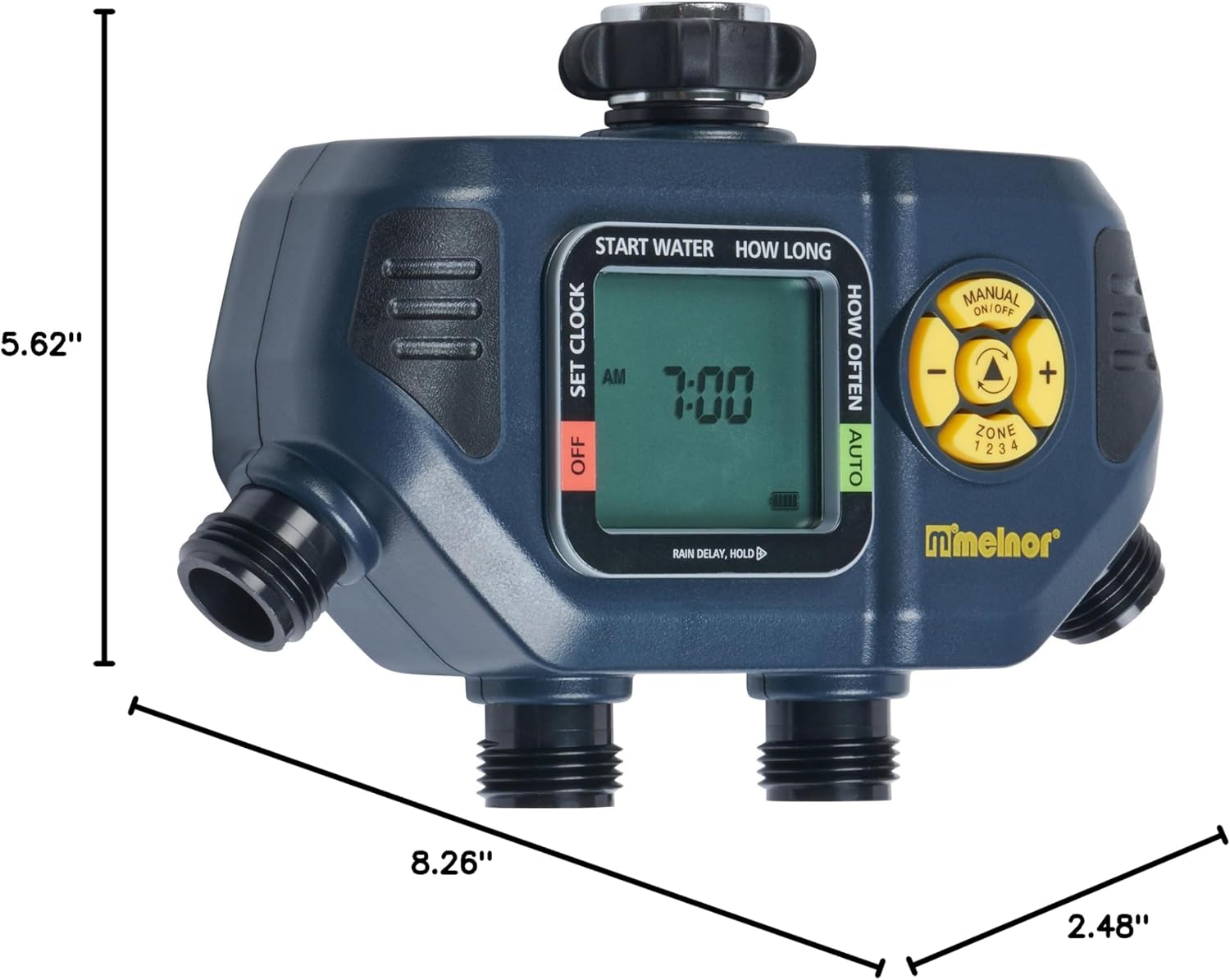 Melnor 4 Zone Digital Timer with dimensions labeled