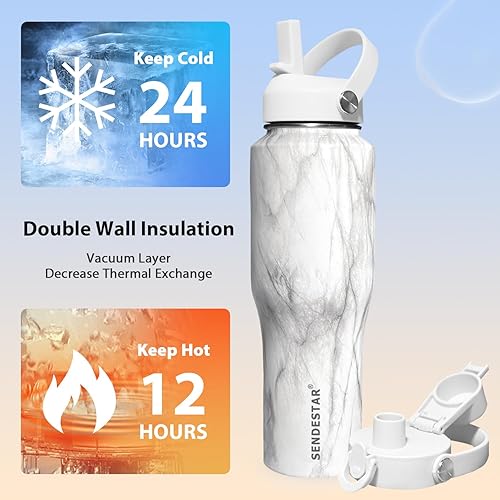 Miniatura 9 de SENDESTAR - Botella de agua de 0,9 L, 2 tapas (tapa con pajita), boca ancha de acero inoxidable aislada al vacío, doble pared, mantiene los líquidos